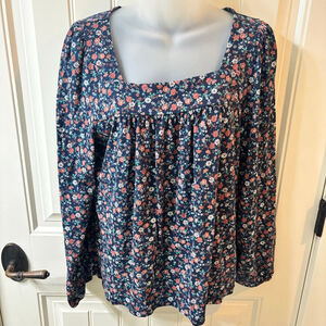 Lucky Brand Navy Floral Long Sleeve M square neck line, Juliet sleeve